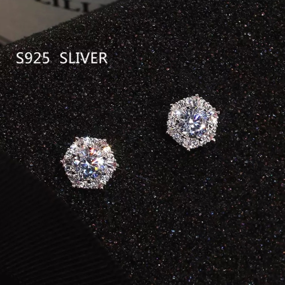 Sterling Silver hexagon CZ Earrings - Picture 3 of 7
